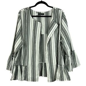 August Silk Lagenlook Boho Cotton Striped Ruffle Open Front Blazer XL White Grey